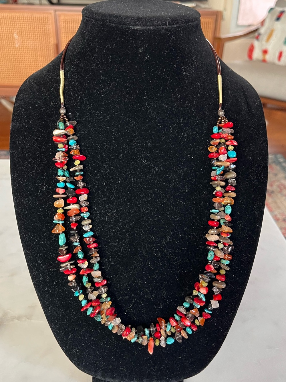 Vintage Peyote Bird Santa Fe 925 Silver Multi Gemstone Bead Strand Necklace 27"